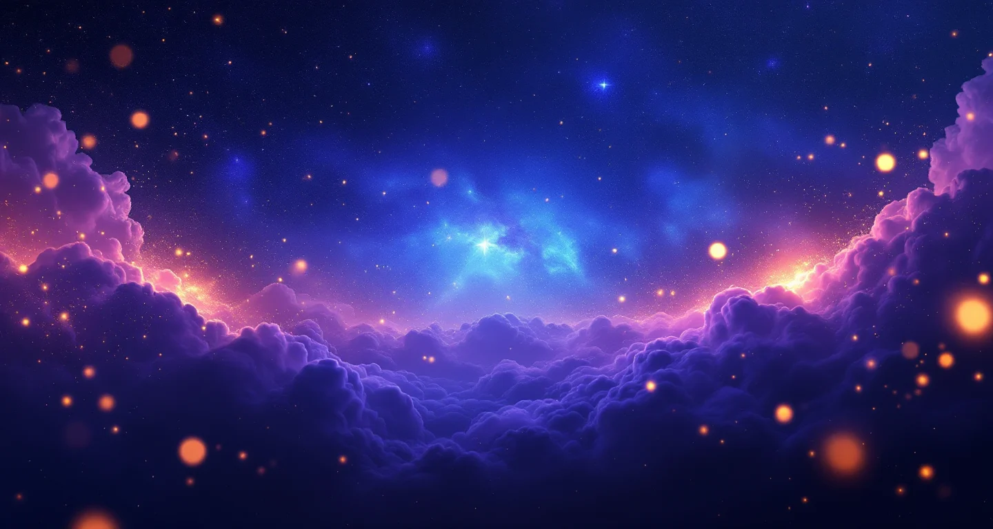 Rüyada Tatlı Görmek sembolünü temsil eden, mor-magenta bulutsu ve altın yıldızlardan oluşan atmosferik rüya sahnesi.