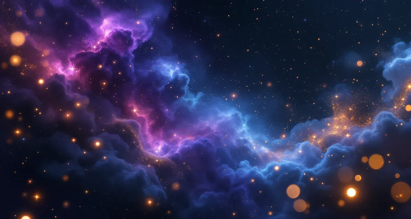 Escena onírica atmosférica con nebulosas morado-magenta y estrellas doradas que representa el símbolo de hacer dulces en sueños.