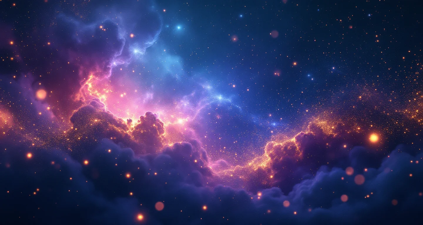 Rüyada Tatlı Yemek sembolünü temsil eden, mor-magenta bulutsu ve altın yıldızlardan oluşan atmosferik rüya sahnesi.