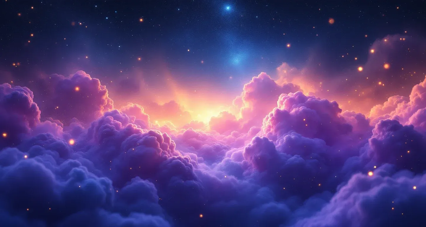 An atmospheric dream scene of purple-magenta nebula clouds and golden stars representing the symbol of seeing fresh green beans in a dream.