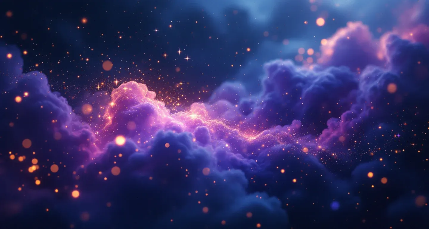 Escena onírica atmosférica con nebulosa morada-magenta y estrellas doradas que representa el símbolo de perder un teléfono en un sueño.