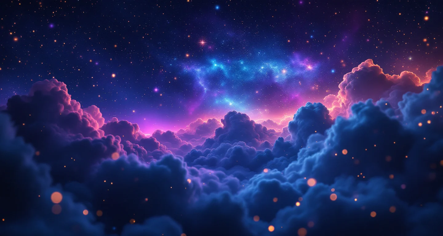 Rüyada Telefonla Konuşmak sembolünü temsil eden, mor-magenta bulutsu ve altın yıldızlardan oluşan atmosferik rüya sahnesi.