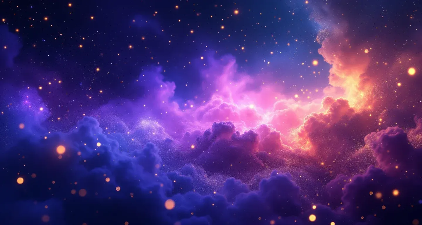 Escena onírica atmosférica con nebulosa morada-magenta y estrellas doradas, que representa el símbolo de soñar con perder tu teléfono.
