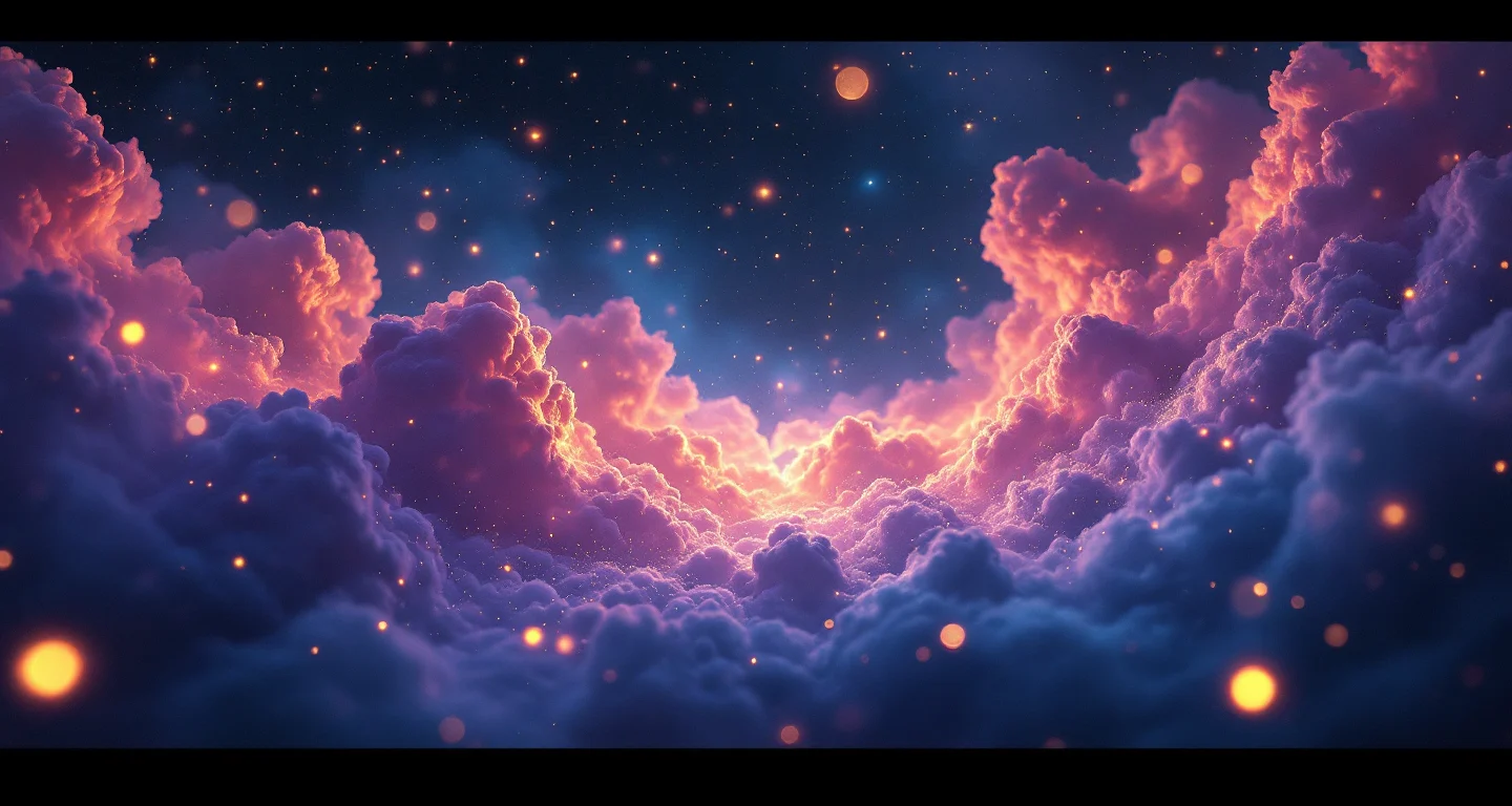Ruyada Temizlik Yapmak sembolünü temsil eden, mor-magenta bulutsu ve altın yıldızlardan oluşan atmosferik rüya sahnesi.