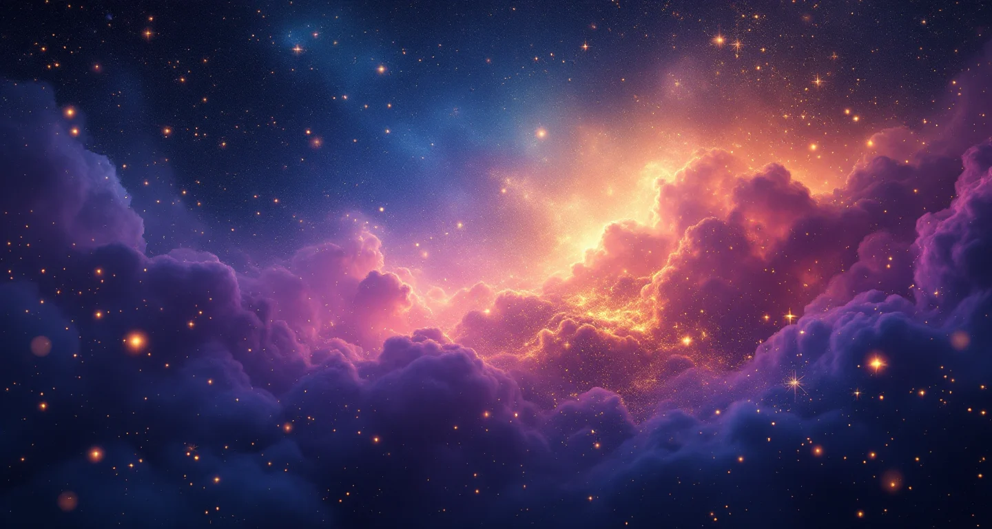 Rüyada Tesbih Görmek sembolünü temsil eden, mor-magenta bulutsu ve altın yıldızlardan oluşan atmosferik rüya sahnesi.