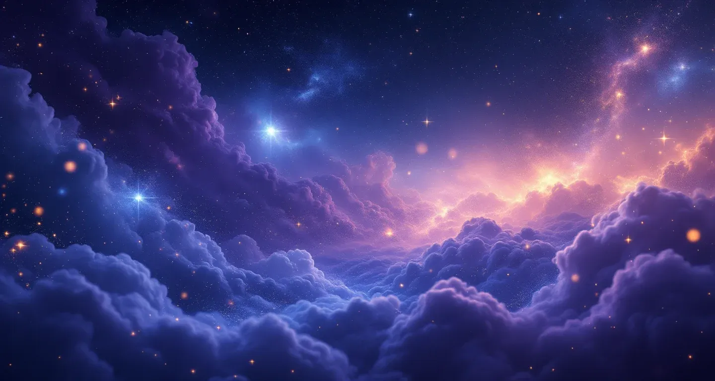 Escena onírica atmosférica con nebulosa violeta-magenta y estrellas doradas, que representa el símbolo de soñar con una tía.