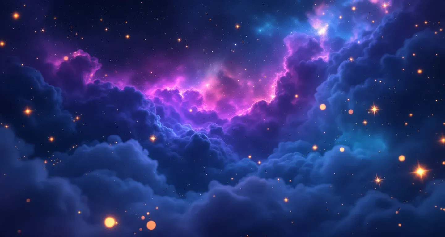 代表“梦见狐狸逃跑”这一象征的氛围式梦境画面，由紫红色星云与金色星点构成。