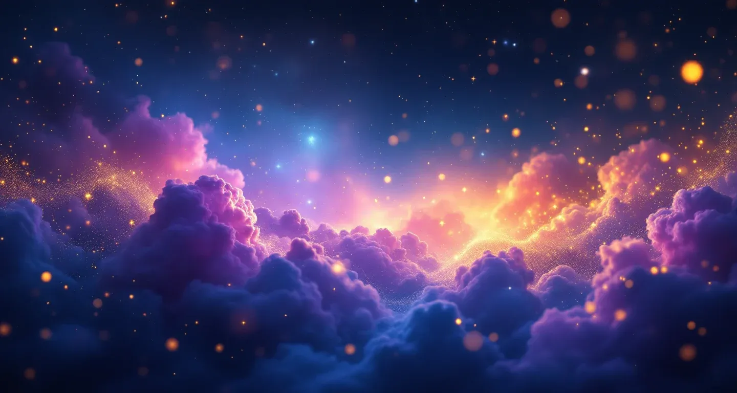 Atmosphärische Traumszene mit violett-magenta Nebelschwaden und goldenen Sternen, die das Symbol des Fingernägel-Schneidens im Traum darstellt.