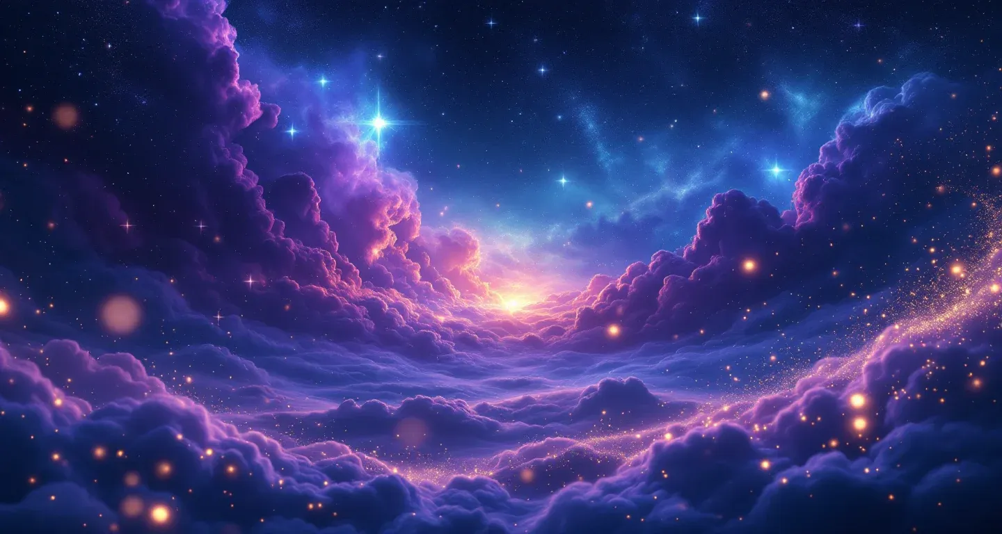 An atmospheric dream scene of purple-magenta nebulae and golden stars representing the symbol of seeing yourself shaved in a dream.