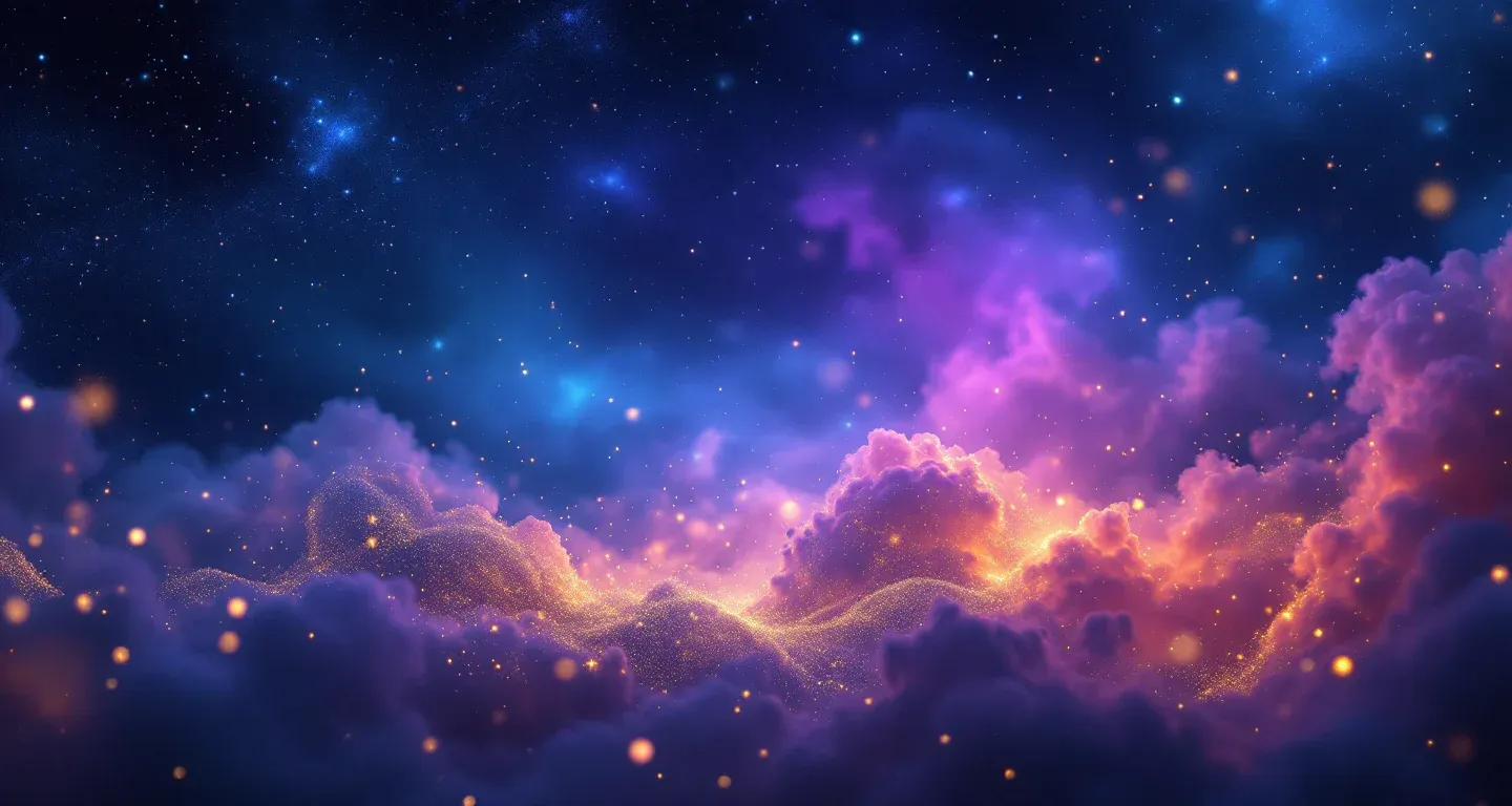 Escena onírica atmosférica con nebulosa morado-magenta y estrellas doradas que representa el símbolo de verse subido a un tren.