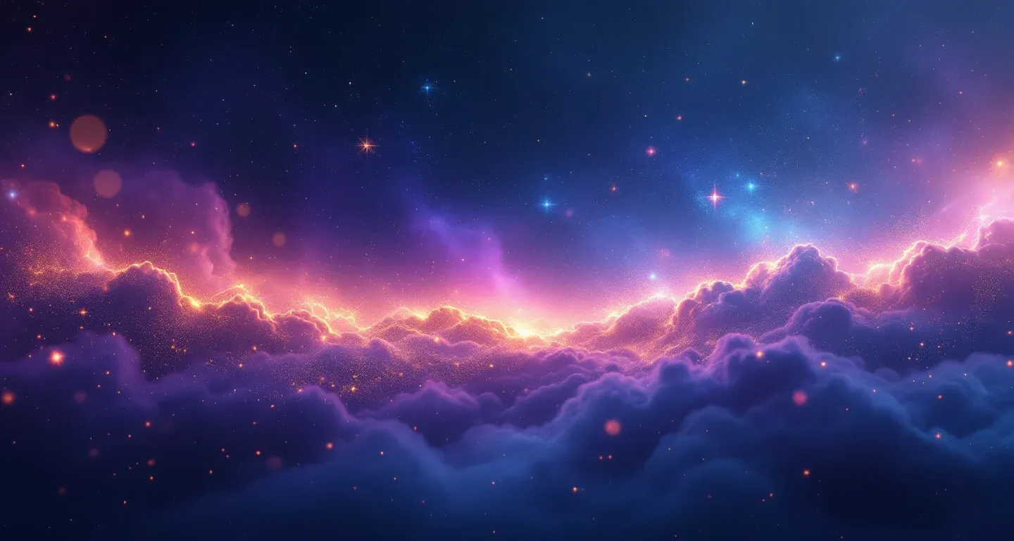 Escena onírica atmosférica con nebulosa morada-magenta y estrellas doradas, que representa el símbolo de soñar con buscar un baño.