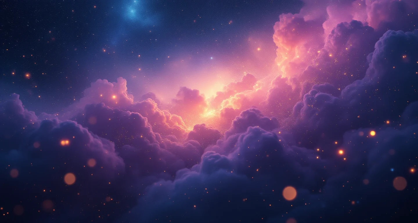 Ruyada Tuvalet Gormek sembolünü temsil eden, mor-magenta bulutsu ve altın yıldızlardan oluşan atmosferik rüya sahnesi.