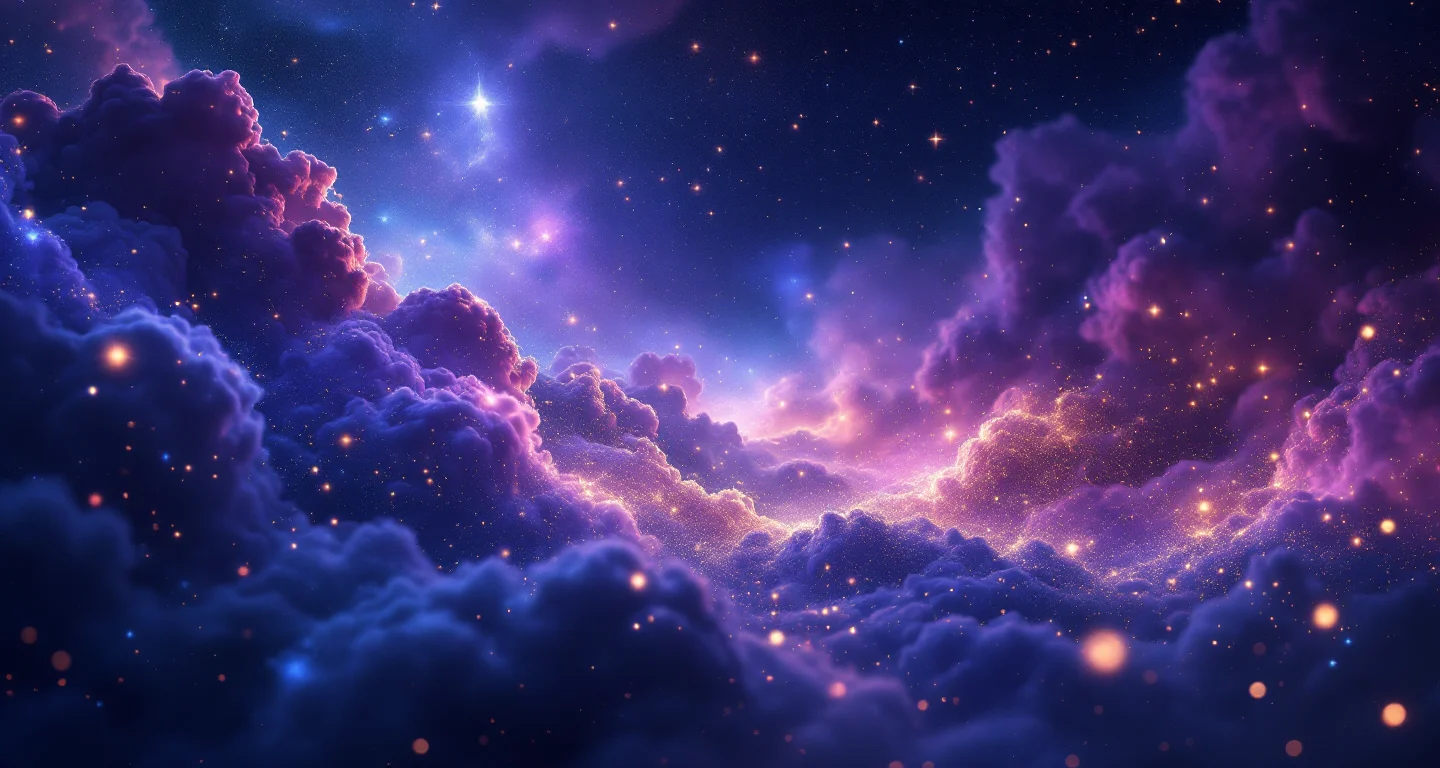 Rüyada Tuvalet Temizlemek Görmek sembolünü temsil eden, mor-magenta bulutsu ve altın yıldızlardan oluşan atmosferik rüya sahnesi.