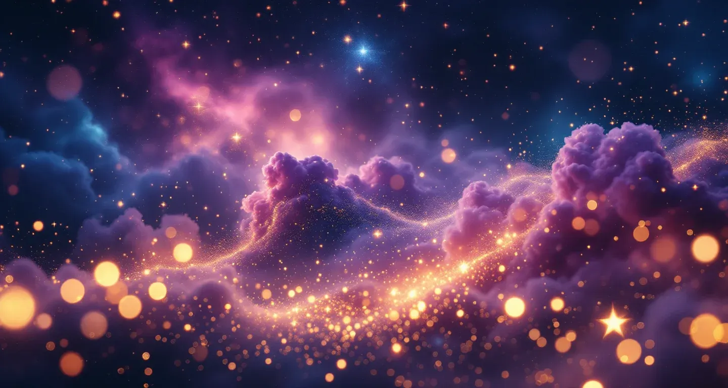 Escena onírica atmosférica formada por una nebulosa púrpura-magenta y estrellas doradas que representa el símbolo de verse haciendo sus necesidades en sueños.