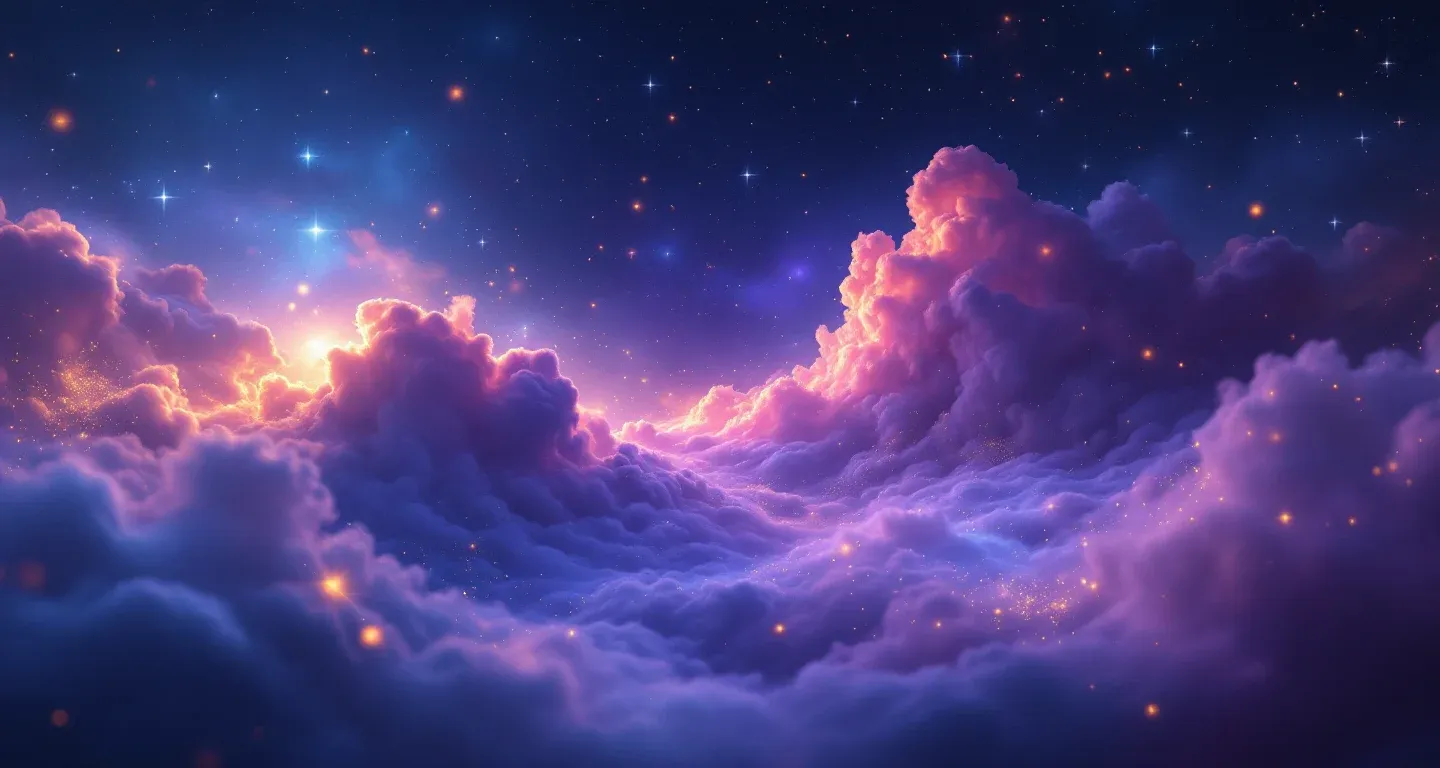 Escena onírica atmosférica con nebulosas moradas y magenta y estrellas doradas, que representa el símbolo de soñar con ver excremento en el baño.