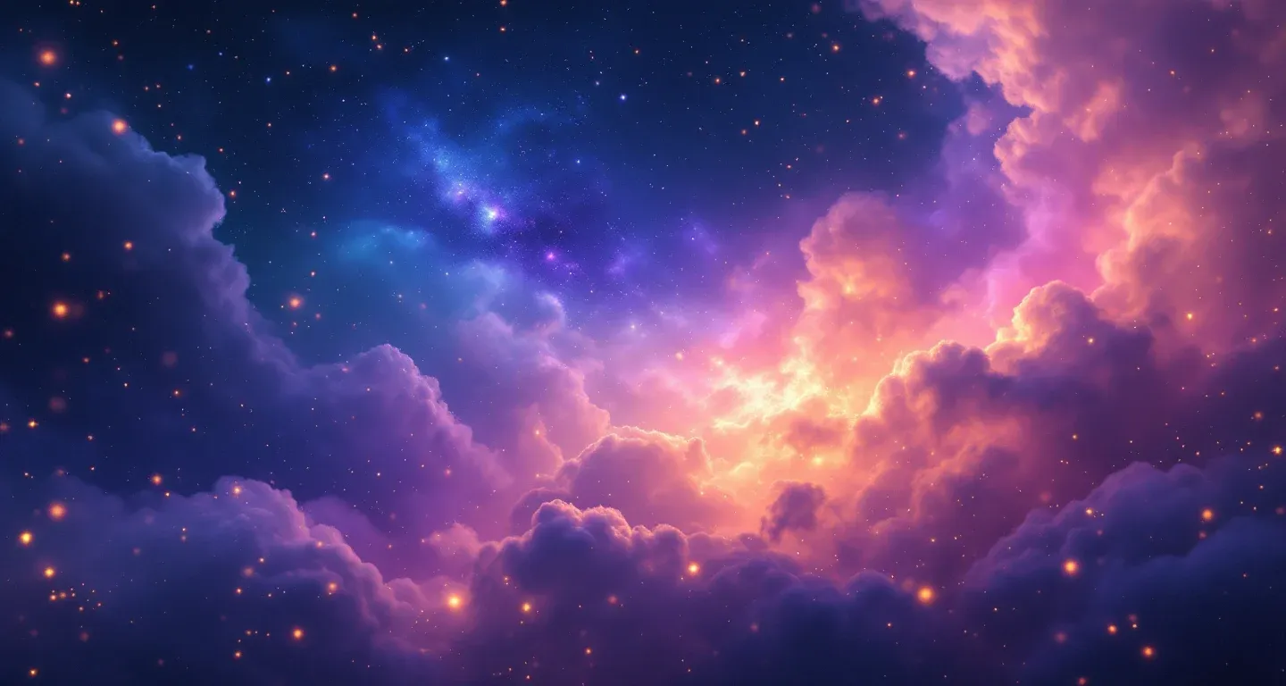 Escena onírica atmosférica con nebulosa morada y magenta y estrellas doradas que representa el símbolo de soñar con volar.