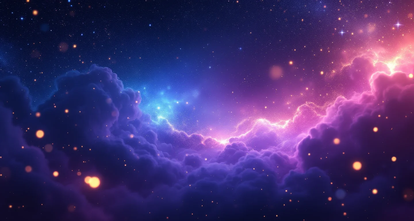 Rüyada Umreye Gitmek sembolünü temsil eden, mor-magenta bulutsu ve altın yıldızlardan oluşan atmosferik rüya sahnesi.