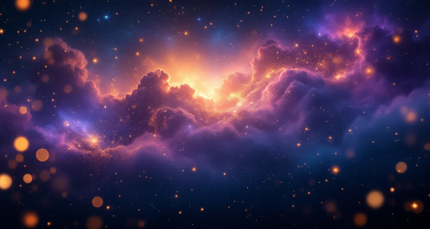 Rüyada Ünlü Birini Görmek sembolünü temsil eden, mor-magenta bulutsu ve altın yıldızlardan oluşan atmosferik rüya sahnesi.