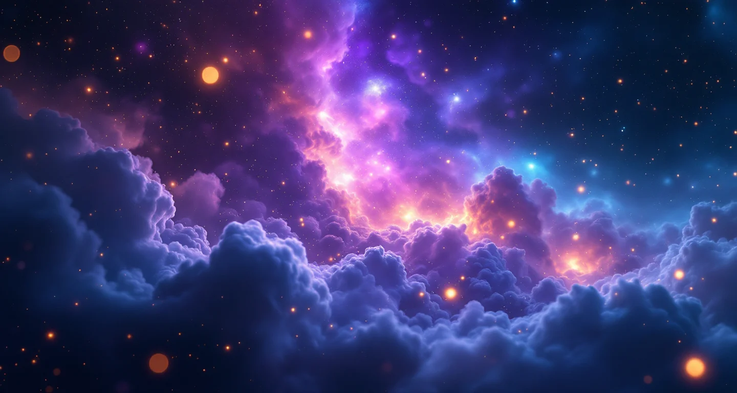 Rüyada Üst Tarafını Açık Görmek sembolünü temsil eden, mor-magenta bulutsu ve altın yıldızlardan oluşan atmosferik rüya sahnesi.