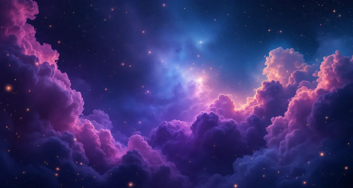 Cena onírica atmosférica em tons de névoa roxo-magenta e estrelas douradas, representando o símbolo de ver o filho que está longe voltando no sonho.