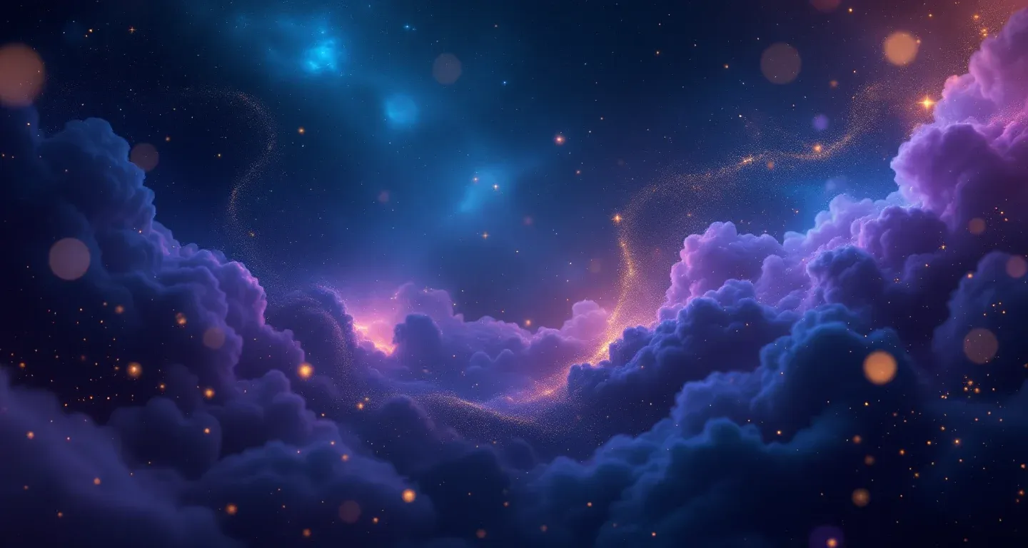 Escena onírica atmosférica con nubes moradas y magenta y estrellas doradas, que representa el símbolo de ver caer un avión a lo lejos.