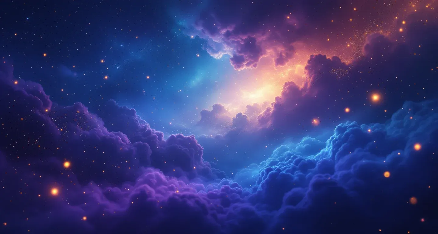 夢の中で尿がはねかかるのを見る象徴を表す、紫がかったマゼンタの星雲と金色の星々からなる幻想的な夢景色。