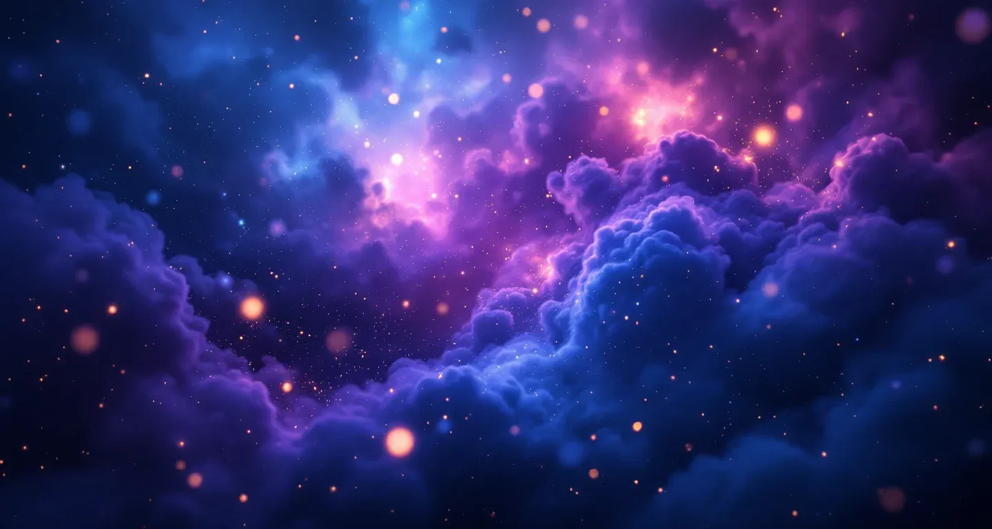 Cena onírica atmosférica com nebulosas em tons roxo-magenta e estrelas douradas, representando o símbolo Sonhar com Comer Uvas.