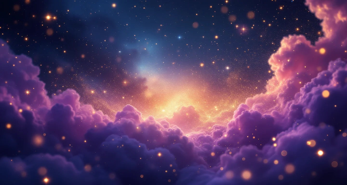 Rüyada Yağmur Yağması Görmek sembolünü temsil eden, mor-magenta bulutsu ve altın yıldızlardan oluşan atmosferik rüya sahnesi.