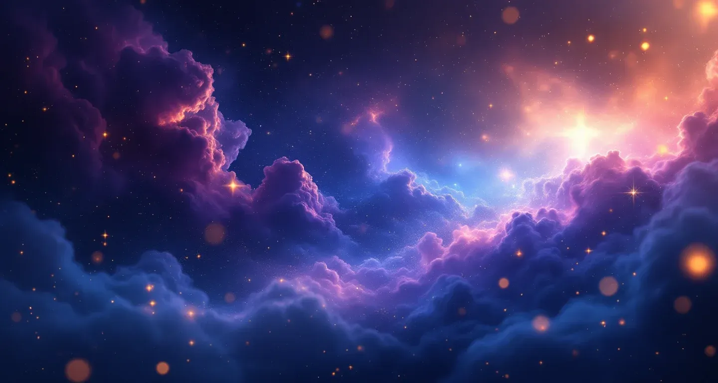 Escena onírica atmosférica compuesta por una nebulosa morada-magenta y estrellas doradas, que representa el símbolo de soñar con mojarse bajo la lluvia.