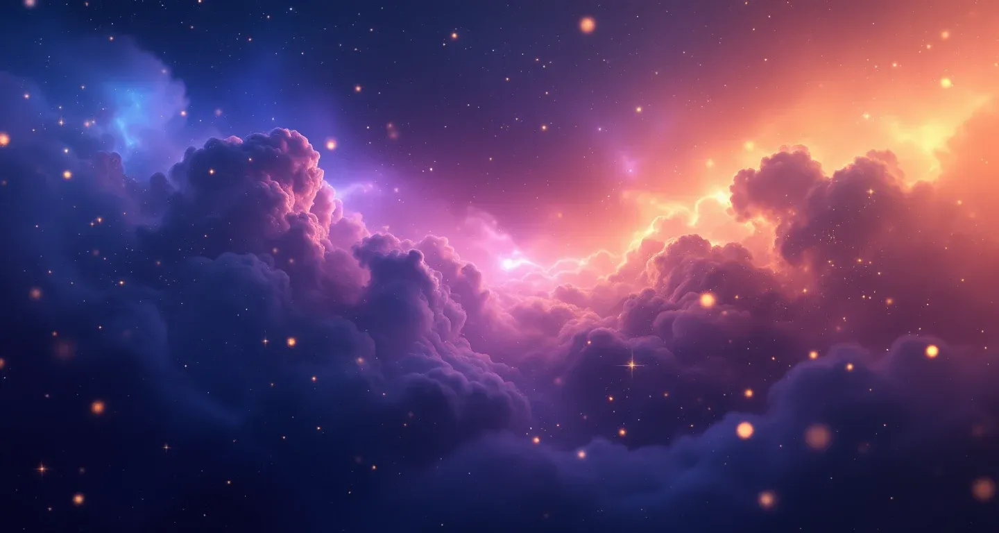 Escena onírica atmosférica con nebulosas moradas y magenta, y estrellas doradas, que representa el símbolo de apagar un incendio en sueños.