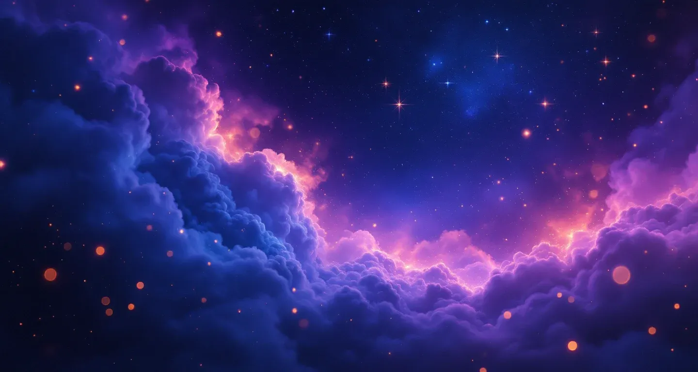 Escena onírica atmosférica con nebulosas moradas y magenta, y estrellas doradas, que representa el símbolo de soñar con un murciélago.
