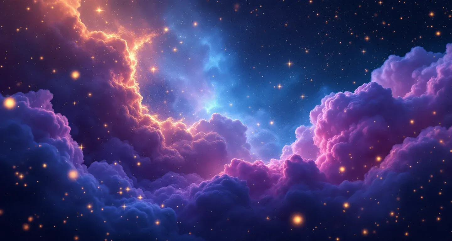 Escena onírica atmosférica con una nebulosa morado-magenta y estrellas doradas que representa el símbolo de soñar con un cachorro.