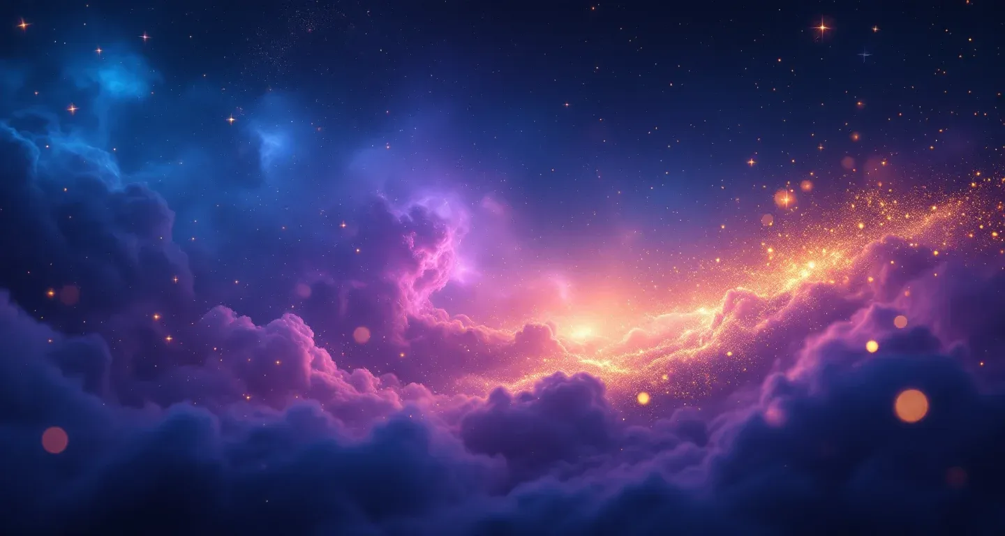 Escena onírica atmosférica con nebulosas morado-magenta y estrellas doradas, que representa el símbolo de ver una cría de serpiente en un sueño.