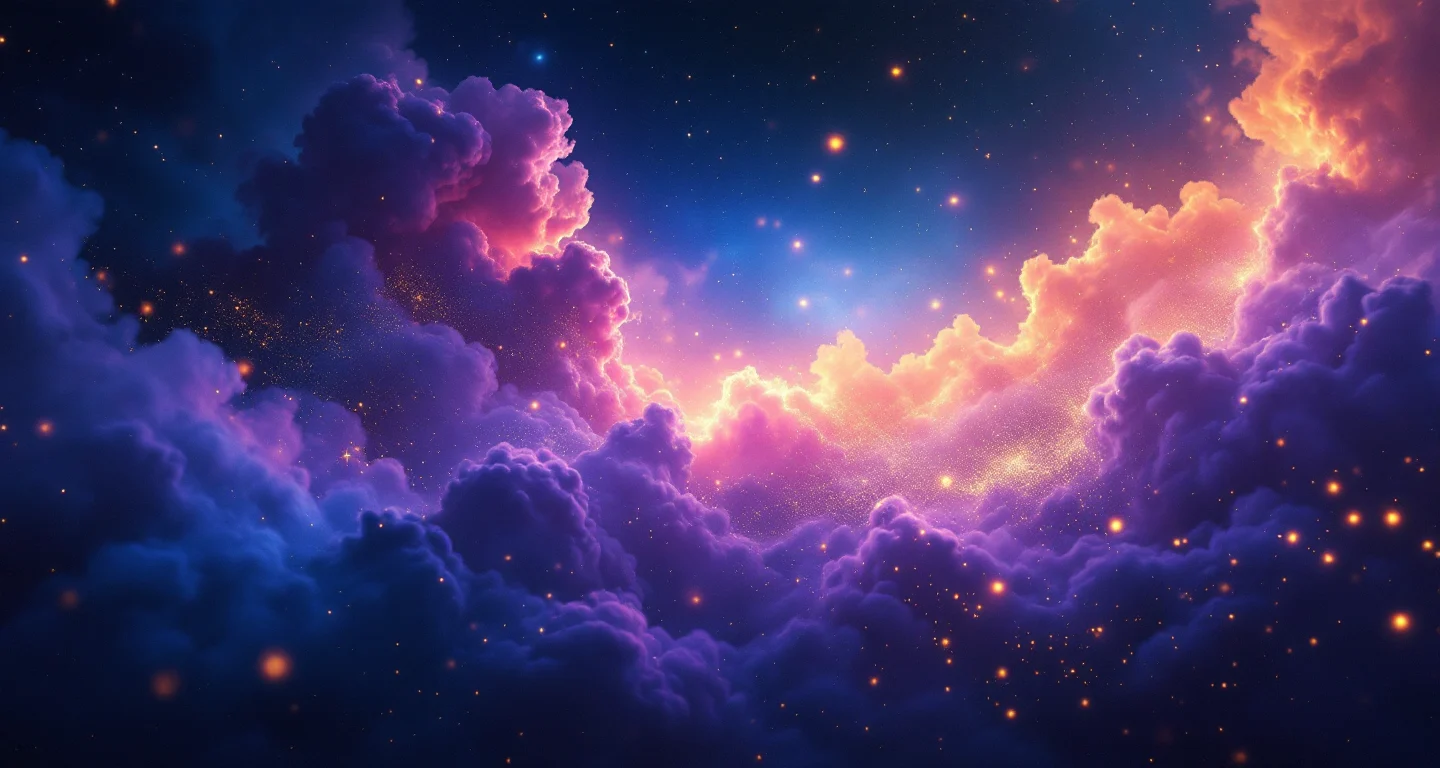 Rüyada Yemek Dağıtmak Görmek sembolünü temsil eden, mor-magenta bulutsu ve altın yıldızlardan oluşan atmosferik rüya sahnesi.