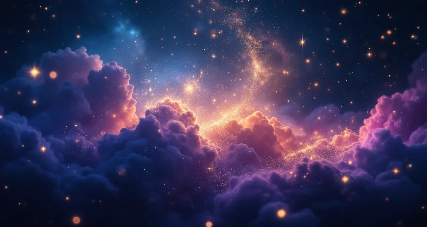 Atmosphärische Traumlandschaft mit violett-magenta Nebeln und goldenen Sternen, die das Symbol Im Traum essen darstellt.