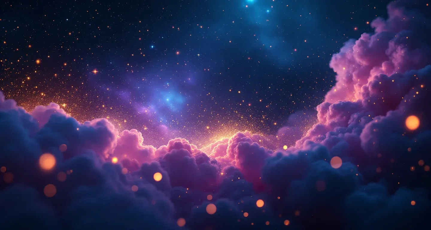 An atmospheric dream scene of purple-magenta nebulae and golden stars representing the symbol of Seeing a Newborn Baby in a Dream.
