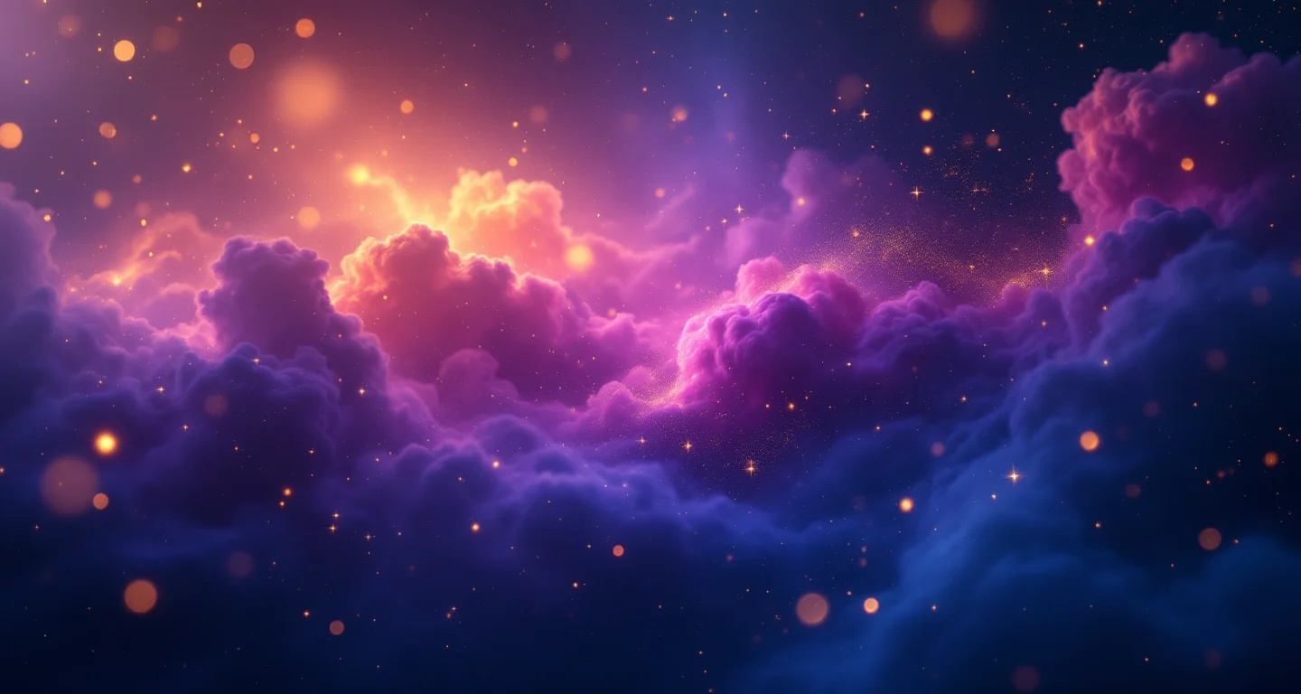 Rüyada Yeşil Yılan Görmek sembolünü temsil eden, mor-magenta bulutsu ve altın yıldızlardan oluşan atmosferik rüya sahnesi.