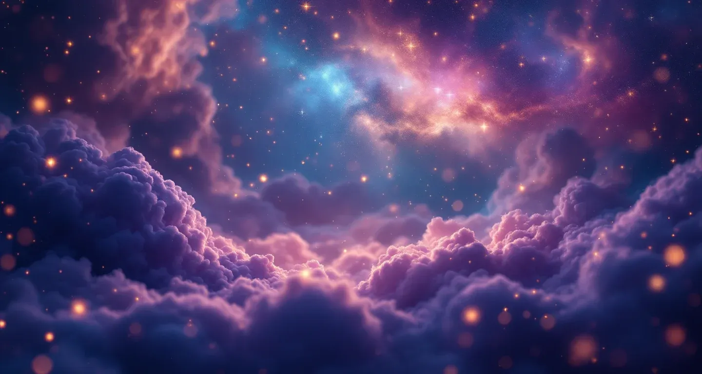 Escena onírica atmosférica que representa el símbolo de soñar con aceitunas verdes, con una neblina morada magenta y estrellas doradas.