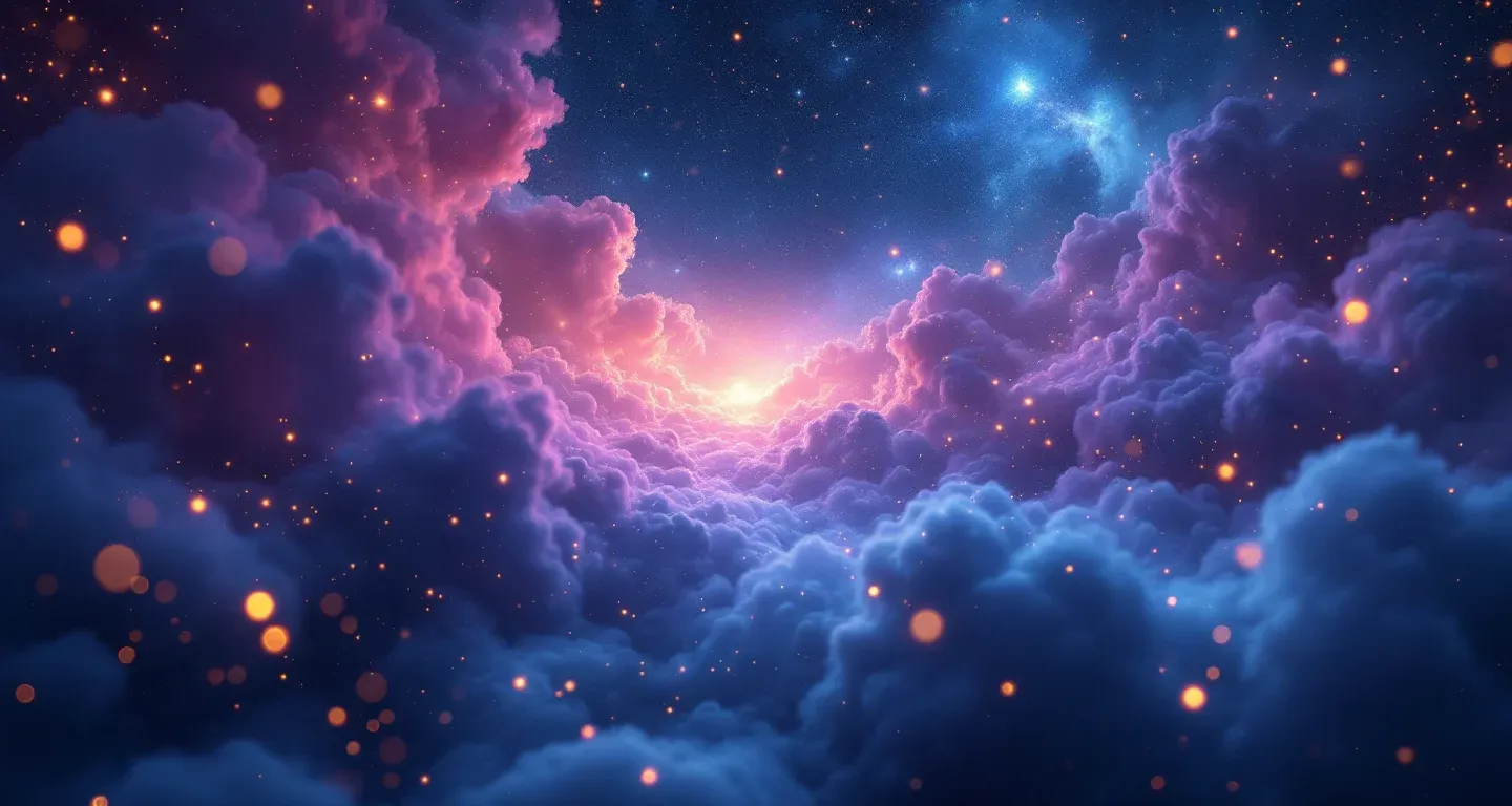 Escena onírica atmosférica con nebulosa morado-magenta y estrellas doradas, que representa el símbolo de ver vegetación en un sueño.