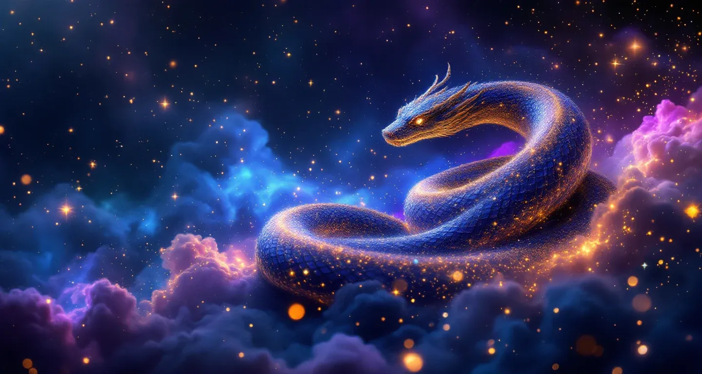 Escena onírica atmosférica que representa el símbolo de ver una serpiente en un sueño, con nebulosas moradas y magenta y estrellas doradas.
