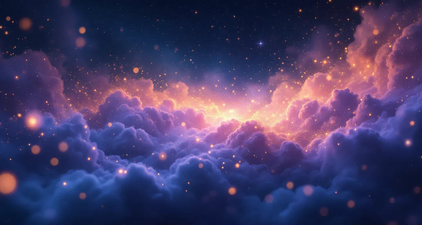 Escena onírica atmosférica con una nebulosa morado magenta y estrellas doradas, que representa el símbolo de Soñar con intentar encontrar el camino.