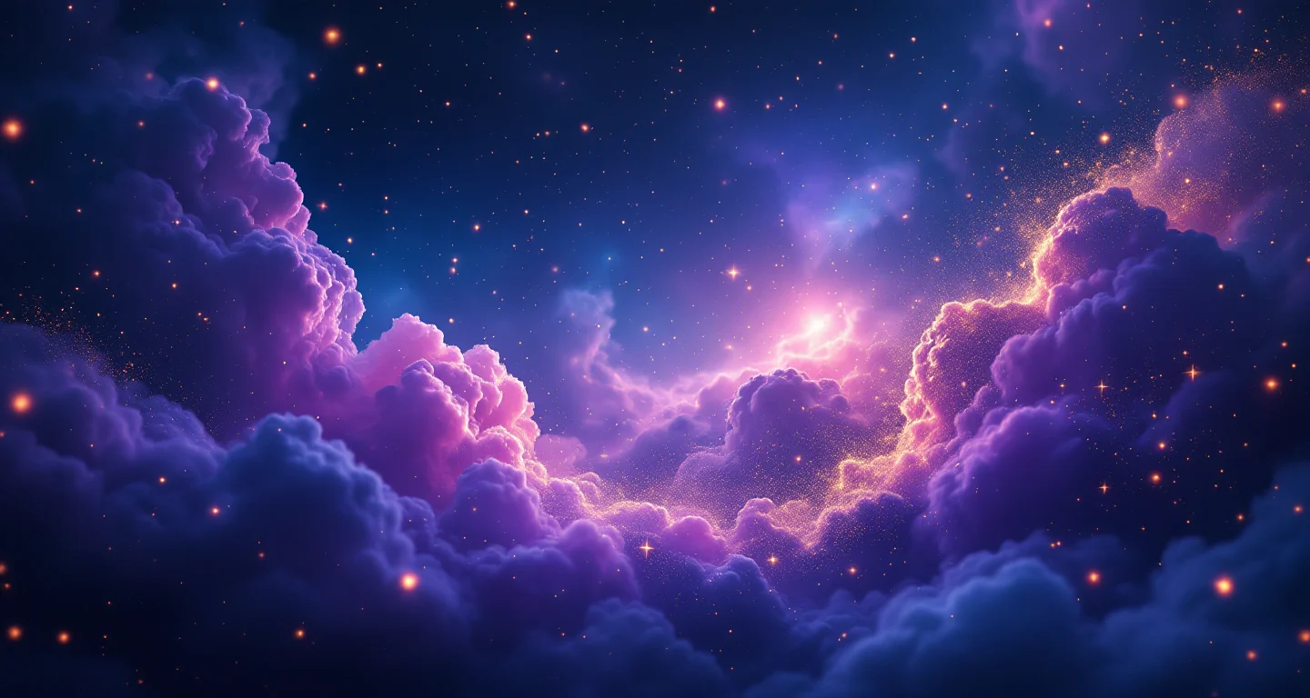 Rüyada Yöresel Kıyafet Giymek sembolünü temsil eden, mor-magenta bulutsu ve altın yıldızlardan oluşan atmosferik rüya sahnesi.