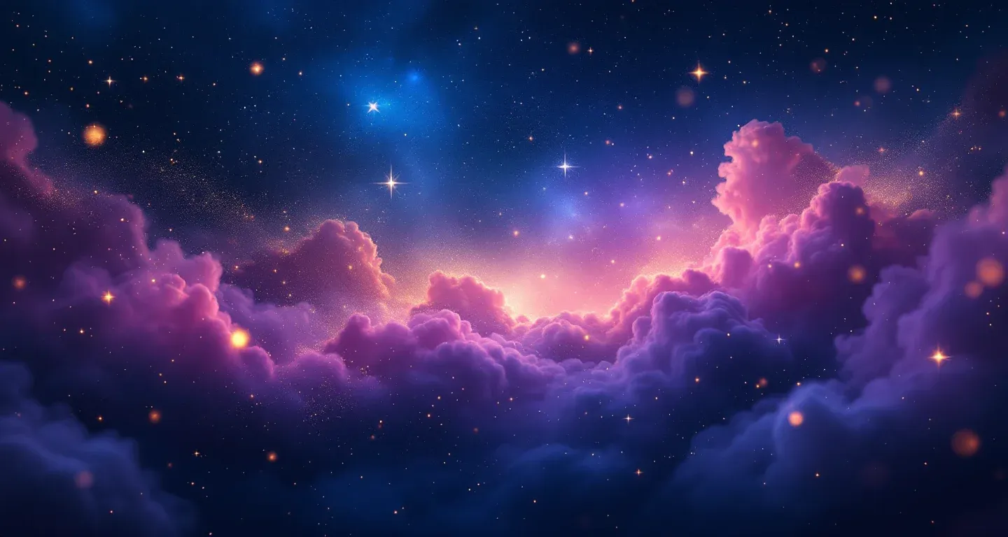 Escena onírica atmosférica con nebulosas morado-magenta y estrellas doradas, que representa el símbolo de bajar de un lugar alto agarrándote en sueños.