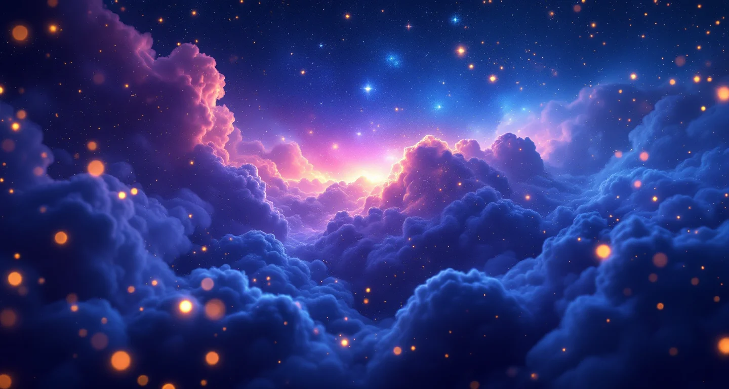 Rüyada Yüksek Merdivenden Inememek sembolünü temsil eden, mor-magenta bulutsu ve altın yıldızlardan oluşan atmosferik rüya sahnesi.