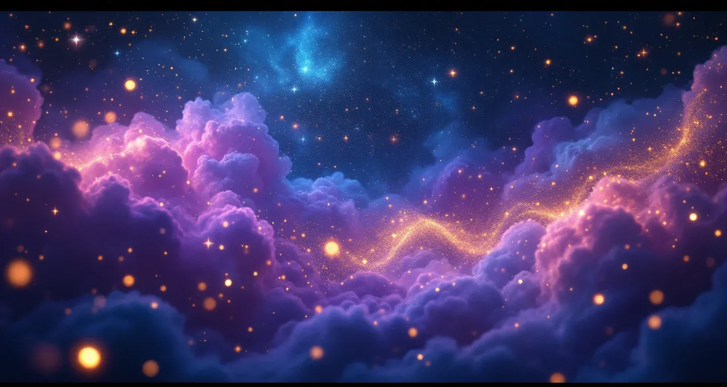 Escena onírica atmosférica con nebulosas morado-magenta y estrellas doradas que representa el símbolo de cocinar huevos en sueños.