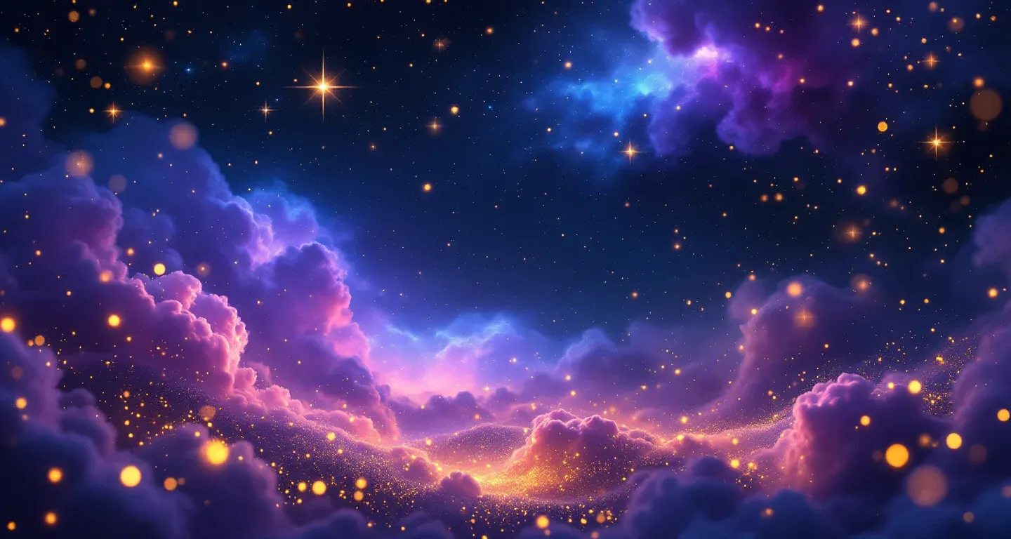 Escena onírica atmosférica formada por una nebulosa púrpura-magenta y estrellas doradas que representa el símbolo de ir al extranjero en sueños.