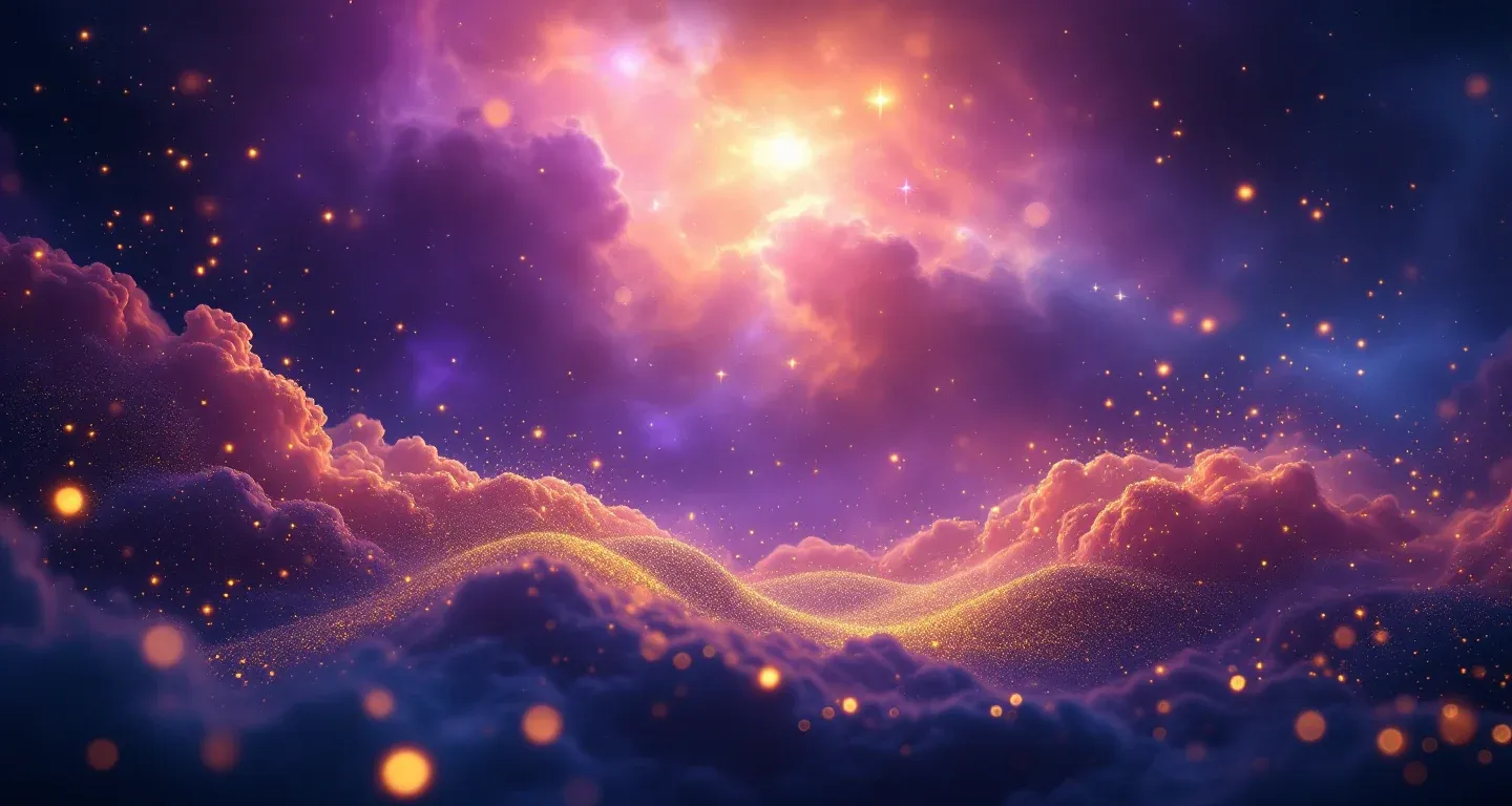 Escena onírica atmosférica con nebulosa morado-magenta y estrellas doradas, representando el símbolo de ver parálisis facial en sueños según Diyanet.