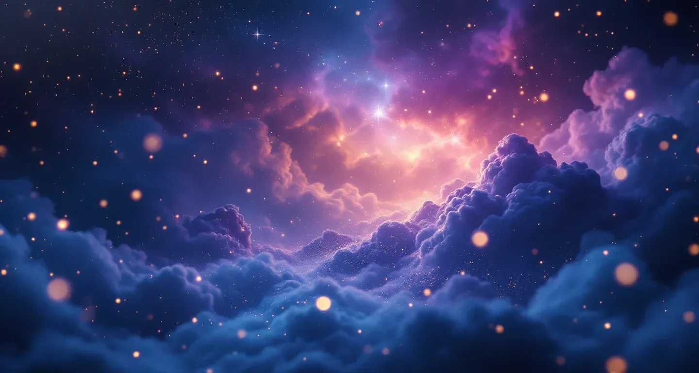 Cena onírica atmosférica com nebulosa roxo-magenta e estrelas douradas, representando o símbolo Sonhar com Nadar.