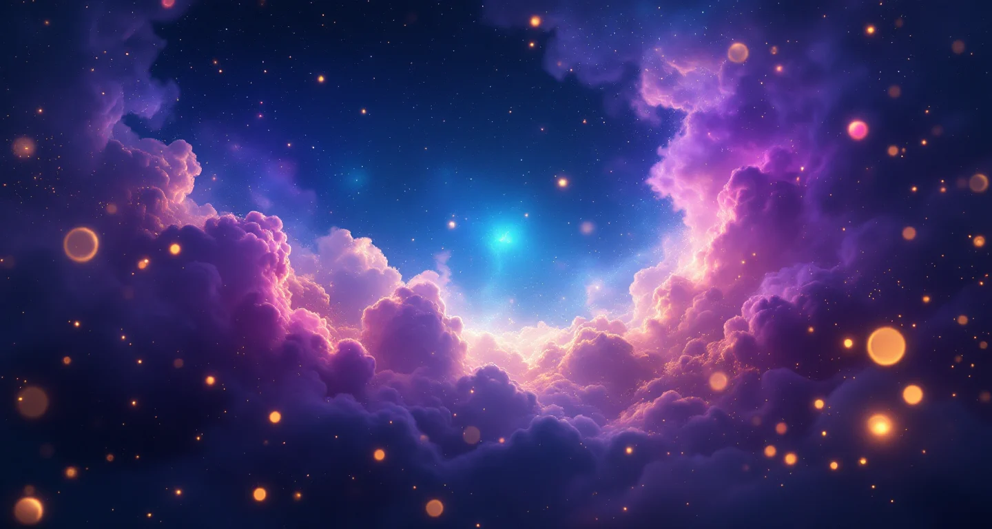 Rüyada Yüzük Görmek sembolünü temsil eden, mor-magenta bulutsu ve altın yıldızlardan oluşan atmosferik rüya sahnesi.