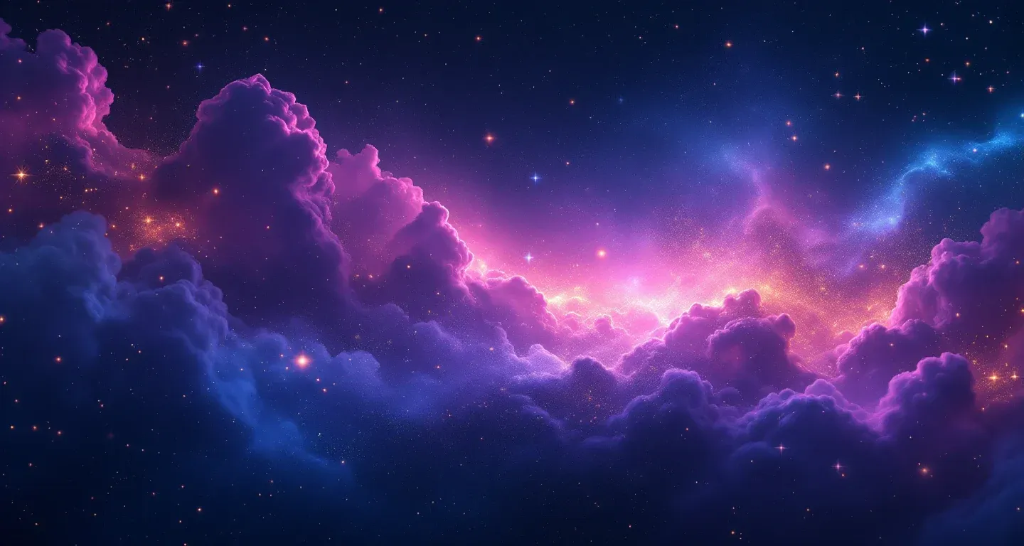 Escena onírica atmosférica formada por una nebulosa morado-magenta y estrellas doradas que representa el símbolo Ver hombres haciendo dhikr en sueños.